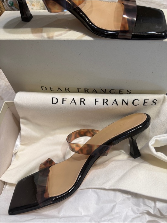 Dear Frances Shoes - Dear Frances Black Patent Mules with Tortoiseshell Clear Straps